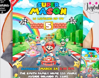 Mario Kart Birthday Invitation | Editable Mario Kart Party Invite | Mario Party Digital Invite Template | Editable with Canva