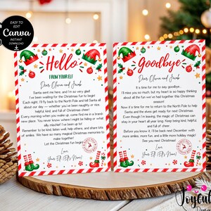Puede incluir: Dos tarjetas navideñas rectangulares con bordes a rayas rojas y blancas. La tarjeta izquierda dice Hello From Your Elf y la derecha Goodbye. Ambas presentan ilustraciones en acuarela de gorros de elfo, acebo y bastones de caramelo sobre fondo blanco.