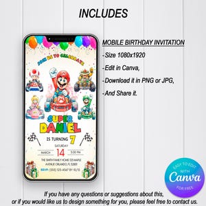 Może przedstawiać: Mobilne zaproszenie urodzinowe z motywem Super Mario. Zaproszenie zawiera Mario i inne postacie w gokartach, balony oraz tekst "Super Daniel kończy 7 lat". Zaproszenie jest przeznaczone do edycji w Canva.