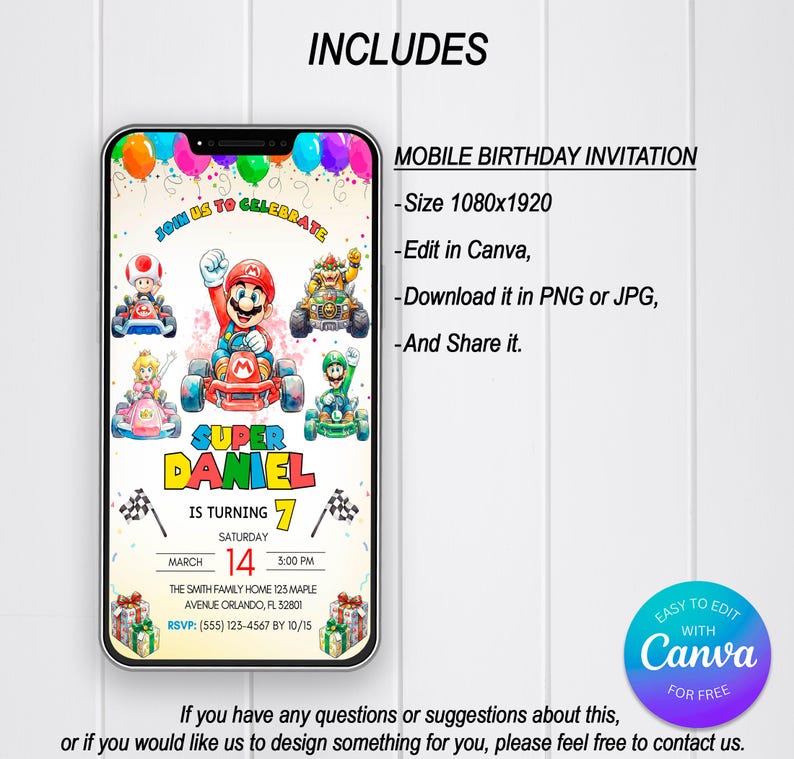 Może przedstawiać: Mobilne zaproszenie urodzinowe z motywem Super Mario. Zaproszenie zawiera Mario i inne postacie w gokartach, balony oraz tekst "Super Daniel kończy 7 lat". Zaproszenie jest przeznaczone do edycji w Canva.