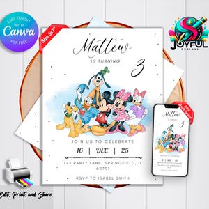 Invitation d'anniversaire Mickey Mouse : modèle modifiable et imprimable – Belle invitation pour l'anniversaire de votre tout-petit, modifiable dans Canva