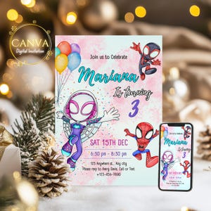 Geburtstagseinladung für Spidey und seine tollen Freunde: Bearbeitbare und druckbare Einladung – schöne Vorlage für den Geburtstag Ihres Kleinen, Canva