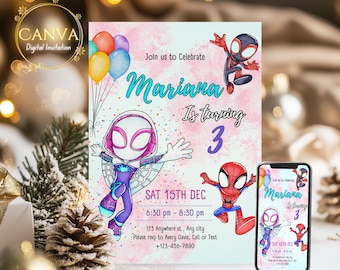 May include: A pink and blue birthday invitation with a cartoon image of Spider-Gwen and Spider-Man. The invitation says "Join us to Celebrate Mariana is turning 3" and includes the date and time of the party.
