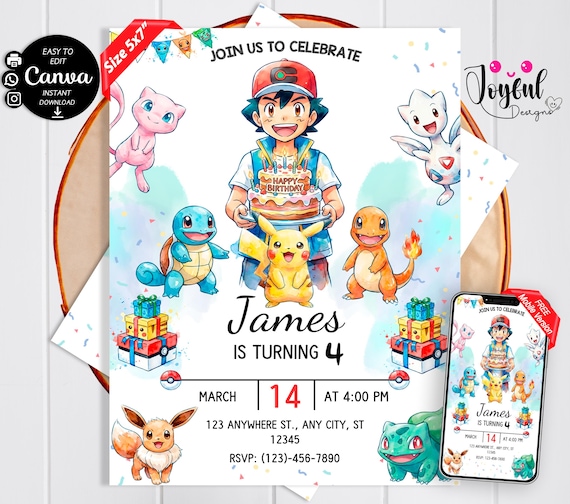 Editable Pokemon Birthday Invitation | Watercolor Pikachu Party Invite | Printable & Digital Canva Template