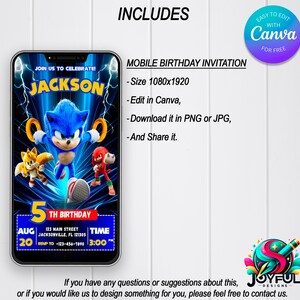 May include: A mobile phone screen displaying a blue and red birthday invitation for a 5th birthday party. The invitation features a cartoon image of Sonic the Hedgehog and the text "JOIN US TO CELEBRATE! JACKSON 5TH BIRTHDAY AUG 20 TIME 3:00 PM".