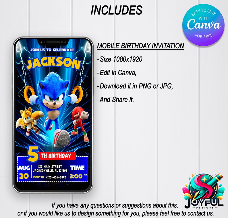 May include: A mobile phone screen displaying a blue and red birthday invitation for a 5th birthday party. The invitation features a cartoon image of Sonic the Hedgehog and the text "JOIN US TO CELEBRATE! JACKSON 5TH BIRTHDAY AUG 20 TIME 3:00 PM".