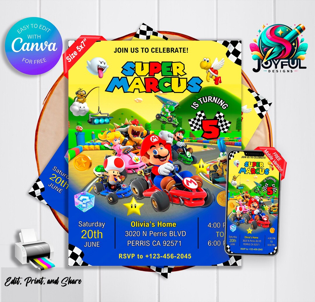 Super Mario Kart Birthday Invitation | Editable & Printable Template ...