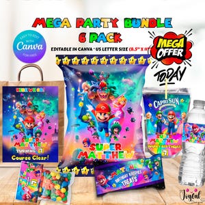 Puede incluir: Un paquete de fiesta con temática de Super Mario, que incluye una bolsa de papel marrón, una bolsa grande, una bebida Capri Sun, una botella de agua y bolsas de golosinas. El diseño incluye el texto "Super Matthew Turning 7" y "Mega Party Bundle 6 Pack".