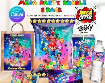 Super Mario Galaxy Birthday Bundle | Editable Canva Template | Mario Chip Bag & Lunch Bag Labels | Instant Download, Mario Bros Party Favors