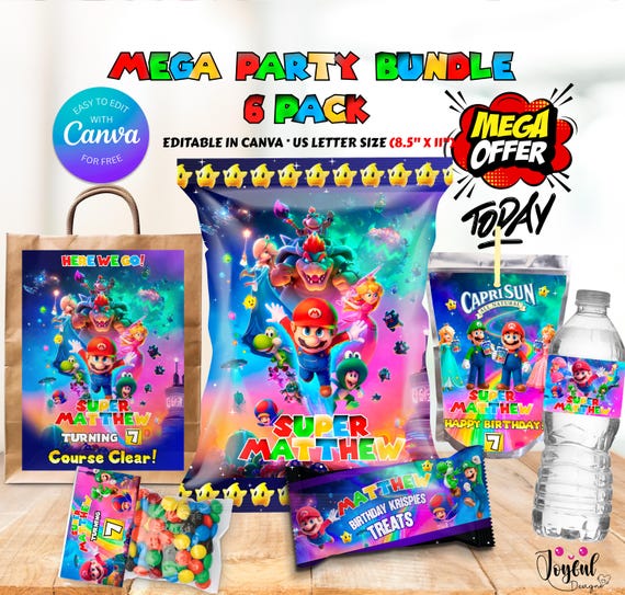 Super Mario Galaxy Birthday Bundle | Editable Canva Template | Mario Chip Bag & Lunch Bag Labels | Instant Download, Mario Bros Party Favors