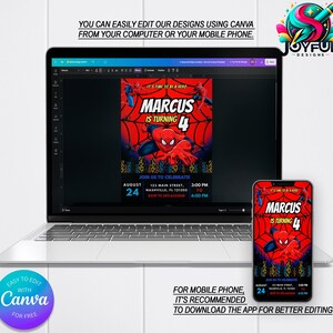 Op de afbeelding: Een bewerkbare digitale uitnodiging voor een kinderfeestje. De uitnodiging heeft een rood en blauw Spiderman-ontwerp met de tekst "It's time to be a hero" en "Marcus is turning 4".