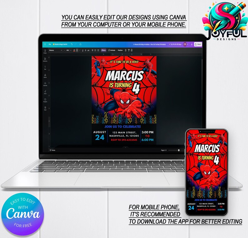 Op de afbeelding: Een bewerkbare digitale uitnodiging voor een kinderfeestje. De uitnodiging heeft een rood en blauw Spiderman-ontwerp met de tekst "It's time to be a hero" en "Marcus is turning 4".