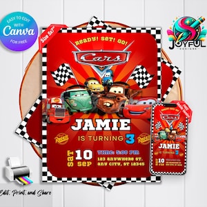 Convite de aniversário de carros | Convite para festa do Relâmpago McQueen | Modelo editável e imprimível | Personalizável no Canva | Download instantâneo