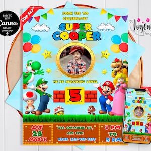May include: A light blue Super Mario-themed invitation with the text "Super Cooper" and a photo of a child. The invitation features Mario, Luigi, Princess Peach, and other characters. Includes event details and a mobile version.