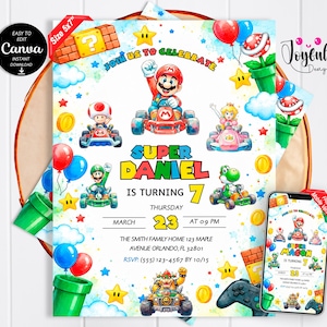 May include: A rectangular birthday invitation card featuring Super Mario characters in go-karts, including Mario, Luigi, Peach, Toad, Yoshi, and Bowser. The text reads JOIN US TO CELEBRATE, SUPER DANIEL IS TURNING 7, MARCH 23 AT 09 PM, and location details.