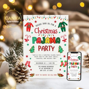 Puede incluir: Una invitación a una fiesta de pijamas de Navidad con un tema de fiesta de pijamas rojo, verde y amarillo. La invitación incluye la fecha, la hora y la ubicación de la fiesta. También incluye el texto "¡Por favor, únase a nosotros para una fiesta de pijamas de Navidad!" y "¡Únase a nosotros para una fiesta de pijamas de Navidad! ¡Póngase su pijama y disfrute de bocadillos, risas y diversión navideña!"