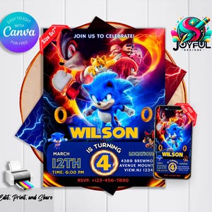 Invitation d'anniversaire Sonic | Modèle modifiable et imprimable | Invitation à une fête Sonic le Hérisson | Édition facile dans Canva | Téléchargement instantané