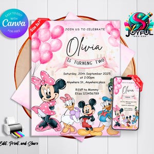 Invitation anniversaire Minnie : modèle modifiable et imprimable – Belle invitation pour l'anniversaire de vos deux petits | Modifiable dans Canva, achetez maintenant