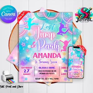 Puede incluir: Una invitación a una fiesta con un diseño colorido. La invitación presenta el texto "Let's Jump & Party" y "Amanda Is Turning Seven". El diseño incluye figuras saltando, estrellas y una versión móvil.