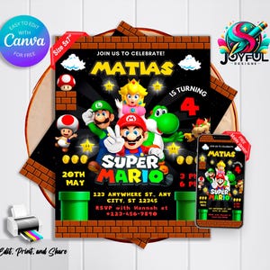 Mario Bros Geburtstagseinladung | Bearbeitbare und druckbare Vorlage | Einladung zur Super Mario Bros.-Party | Einfache Bearbeitung in Canva | Sofortdownload