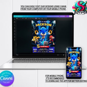 May include: A blue and red birthday invitation featuring Sonic the Hedgehog. The invitation has a blue background with a white border and includes the text "Join us to celebrate! Jackson 5th Birthday" and details for the event. The invitation is displayed on a laptop screen and a mobile phone.
