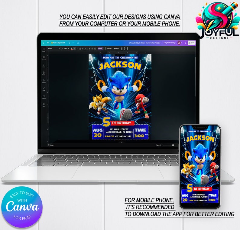 May include: A blue and red birthday invitation featuring Sonic the Hedgehog. The invitation has a blue background with a white border and includes the text "Join us to celebrate! Jackson 5th Birthday" and details for the event. The invitation is displayed on a laptop screen and a mobile phone.