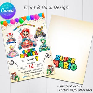 Może przedstawiać: Kolorowe zaproszenie urodzinowe w stylu Super Mario z przodu i z tyłu. Prz&oacute;d przedstawia Mario i przyjaci&oacute;ł w gokartach, balony i napis "Super Daniel kończy 7 lat". Tył przedstawia logo Super Mario.