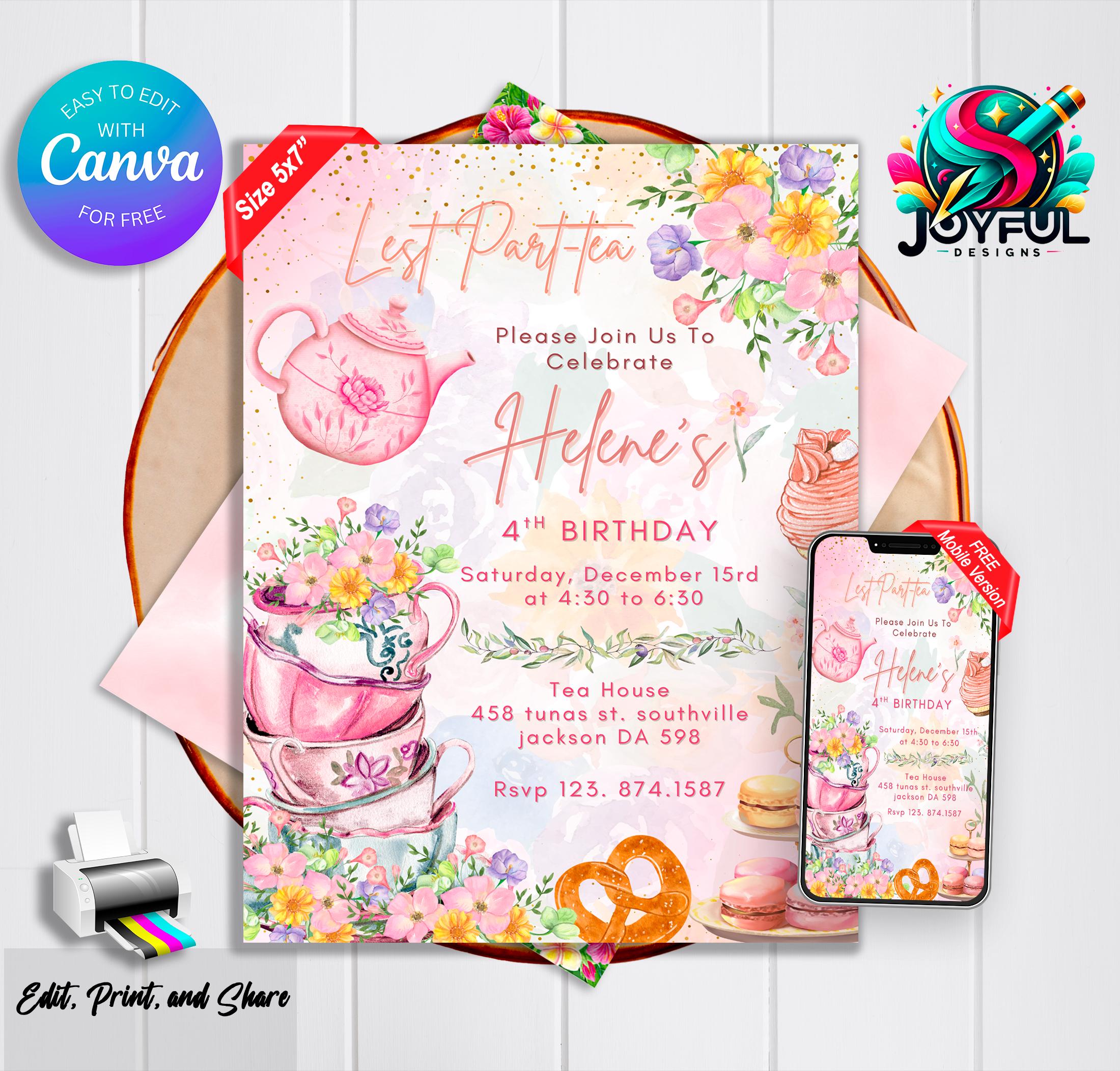 Editable Tea Party Birthday Invitation Template, Digital Tea Party ...