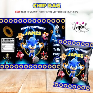 May include: A black chip bag and a matching banner featuring the character Sonic the Hedgehog. The banner and bag have a blue and gold ring border, with the text "Happy Birthday James". The bag also says "Thank You! Coming To My Party!"