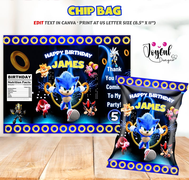 May include: A black chip bag and a matching banner featuring the character Sonic the Hedgehog. The banner and bag have a blue and gold ring border, with the text "Happy Birthday James". The bag also says "Thank You! Coming To My Party!"