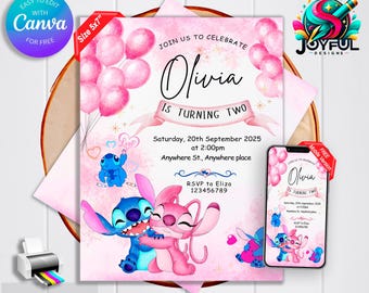 Stitch and Angel Birthday Invitation: Editable & Printable Template – Beautiful Invitation for Your Little Two's Birthday, Editable in Canva