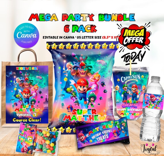 Super Mario Galaxy Birthday Bundle | Editable Canva Template | Mario Chip Bag & Lunch Bag Labels | Instant Download, Mario Bros Party Favors