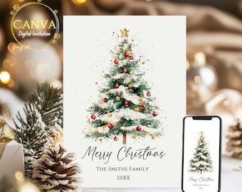 Merry Christmas Card | Editable and Printable Holiday Card | Xmas Card Template with Christmas Tree | Easy to Customize in Canva