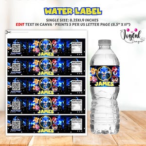 May include: Water bottle label featuring Sonic the Hedgehog and friends, with the name "JAMES" in yellow. The label includes a cityscape background and the text "WATER LABEL". The label is 8.25 x 1.9 inches.