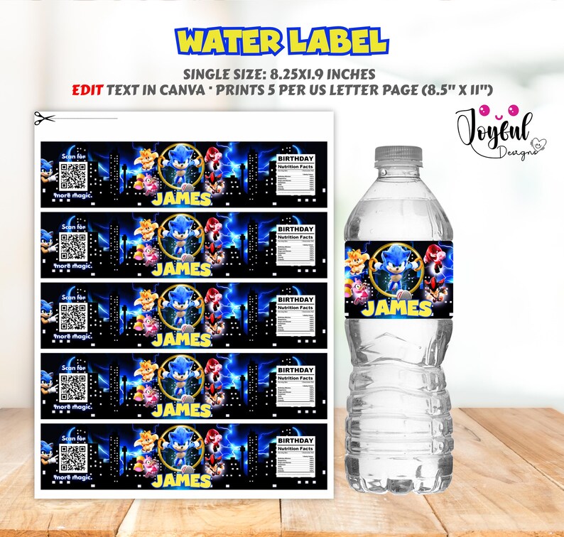 May include: Water bottle label featuring Sonic the Hedgehog and friends, with the name "JAMES" in yellow. The label includes a cityscape background and the text "WATER LABEL". The label is 8.25 x 1.9 inches.