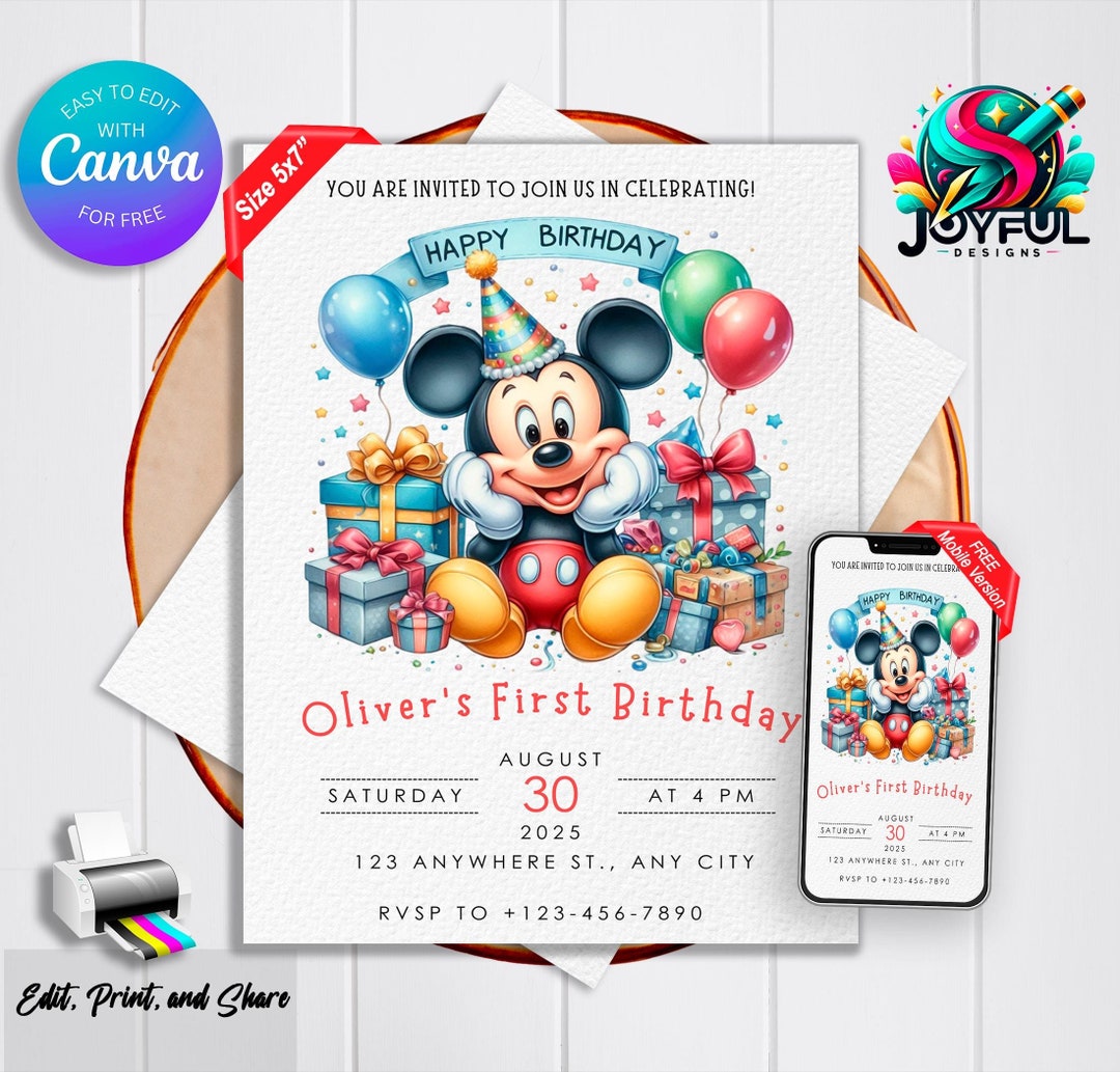 Mickey Mouse Birthday Invitation | Editable & Printable Template ...