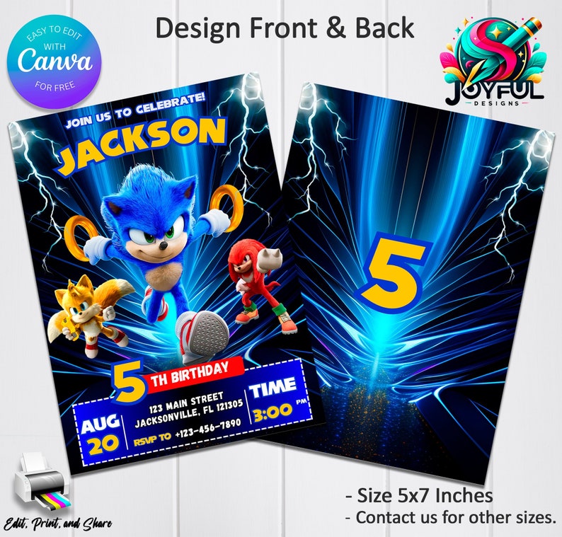 May include: A blue and yellow Sonic the Hedgehog birthday invitation with a blue and black background. The invitation features a picture of Sonic the Hedgehog, Tails, and Knuckles. The text on the invitation reads "Join us to celebrate! Jackson 5th Birthday Aug 20 Time 3:00 PM 123 Main Street Jacksonville, FL 121305 RSVP to +123-456-7890".