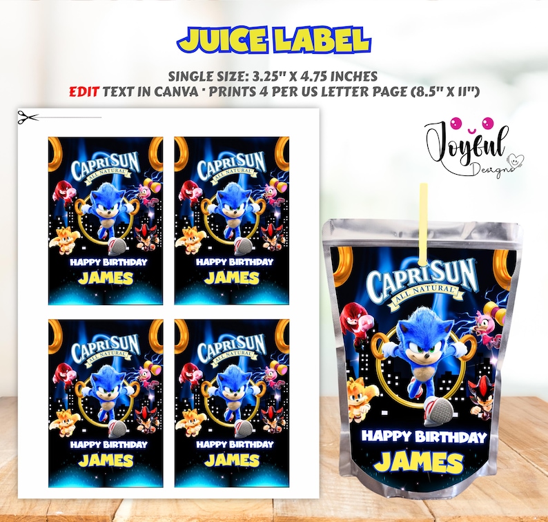 May include: A Capri Sun juice pouch and labels featuring a Sonic the Hedgehog theme. The labels are 3.25 x 4.75 inches and say "Happy Birthday James". The juice pouch has a straw and the same design.