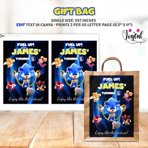 May include: A brown paper gift bag with a printed design featuring the text "FUEL UP! JAMES TURNING 5" and a blue cartoon character. The bag has a brown handle and a rectangular design. Two matching prints are on the left.