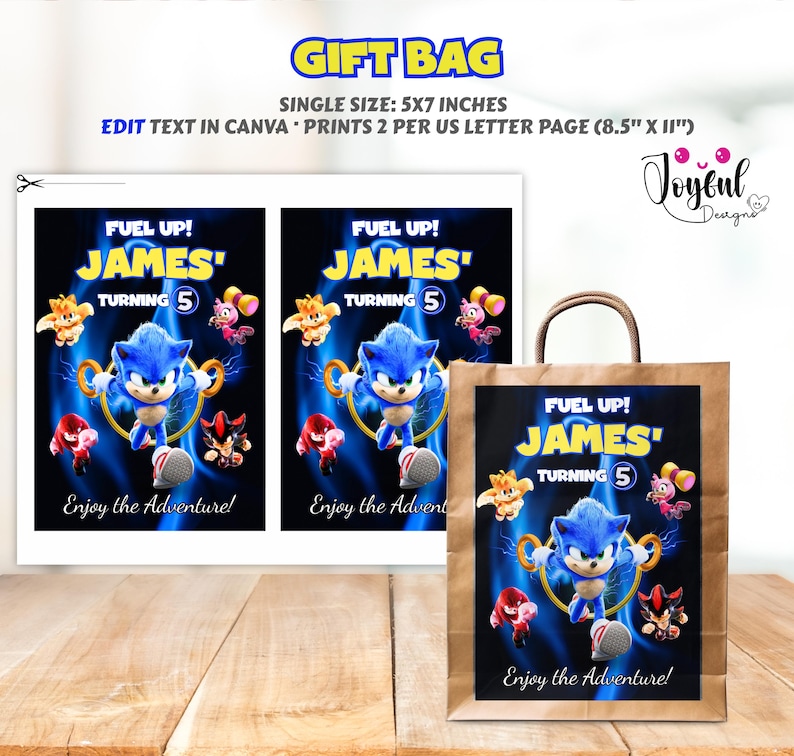 May include: A brown paper gift bag with a printed design featuring the text "FUEL UP! JAMES TURNING 5" and a blue cartoon character. The bag has a brown handle and a rectangular design. Two matching prints are on the left.