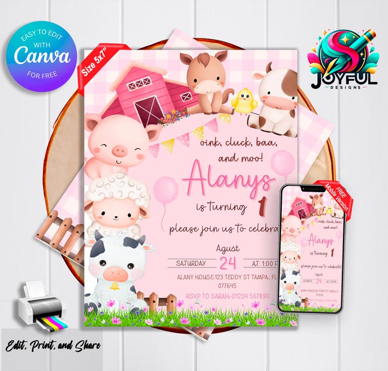 Editable Pink Farm Birthday Invitation, Girl Barnyard Birthday Invite ...