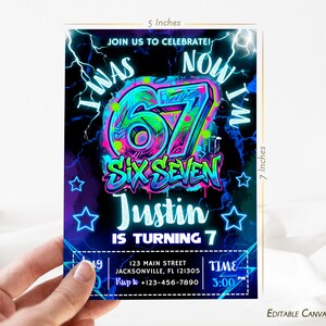 67 Six Seven Birthday Invitation | Viral Meme Party Invite | Neon Editable Canva Template | Digital Download | Boys Kids Birthday image 2