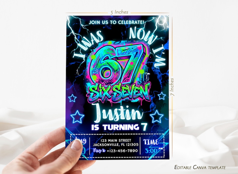 67 Six Seven Birthday Invitation | Viral Meme Party Invite | Neon Editable Canva Template | Digital Download | Boys Kids Birthday image 2
