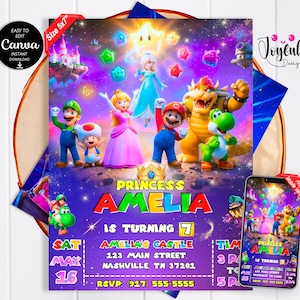 Peut inclure: Une invitation d'anniversaire colorée de 12,7 x 17,8 cm avec des personnages de jeu vidéo. L'invitation comprend le texte "Princess Amelia is turning 7" et les détails de l'événement. Une version mobile est également affichée.