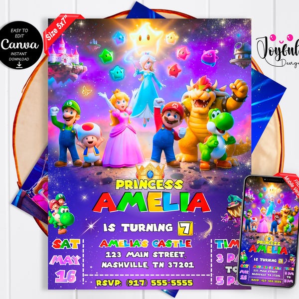 Super Mario Galaxy Birthday Invitation, Awesome Princess Peach Party Invite, Canva Template, Mobile & Printable, Digital Download, Girls