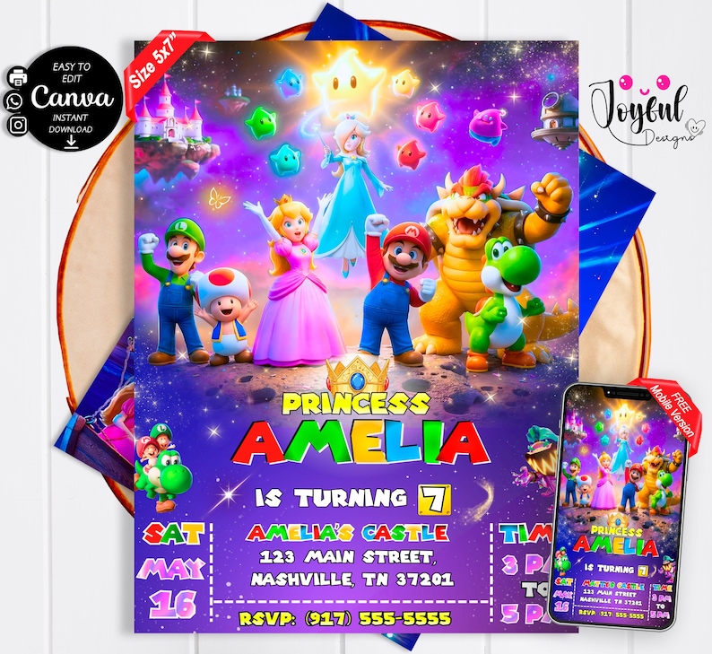 May include: A colorful 5x7 inch birthday party invitation featuring characters from a popular video game. The invitation includes the text "Princess Amelia is turning 7" and event details. A mobile version is also shown.