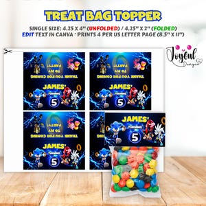 May include: A sheet of paper with four Sonic the Hedgehog-themed treat bag toppers. Each topper features the name "James" and the number "5", with the text "Thank you for coming to my party!" and character illustrations. A bag of colorful candies is in the foreground.
