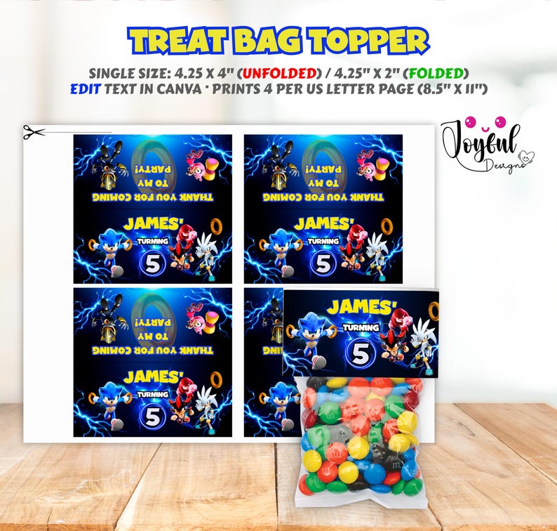 May include: A sheet of paper with four Sonic the Hedgehog-themed treat bag toppers. Each topper features the name "James" and the number "5", with the text "Thank you for coming to my party!" and character illustrations. A bag of colorful candies is in the foreground.