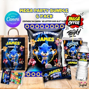 Puede incluir: Un paquete de fiesta con un personaje de erizo azul, con el texto "MEGA PARTY BUNDLE 6 PACK" y "HAPPY BIRTHDAY JAMES". Incluye una bolsa de regalo, una bolsa de patatas fritas, Capri Sun, una botella de agua y caramelos. El tema es una fiesta de cumpleaños.