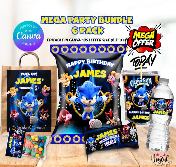 Sonic Birthday Party Bundle | Editable Canva Template | Sonic Chip Bag & Lunch Bag Labels | Instant Download | Sonic Party Favors